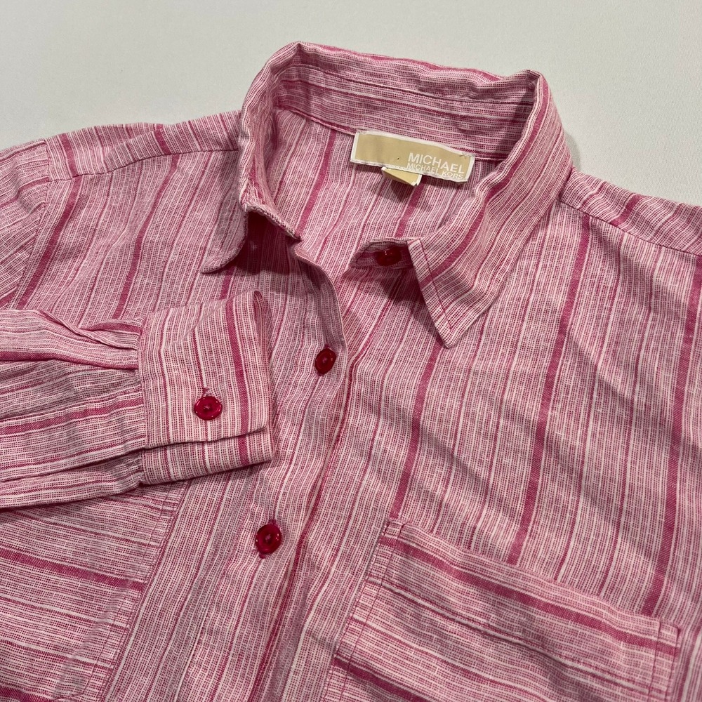 MICHAEL Michael Kors Linen Blend Shirt Womens Extra Small Pink Striped Button Up